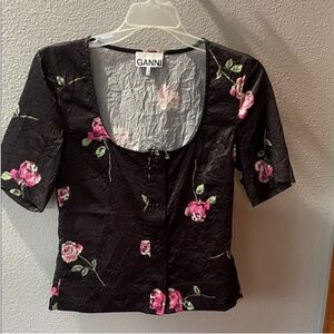 Ganni Black and Pink Floral Blouse